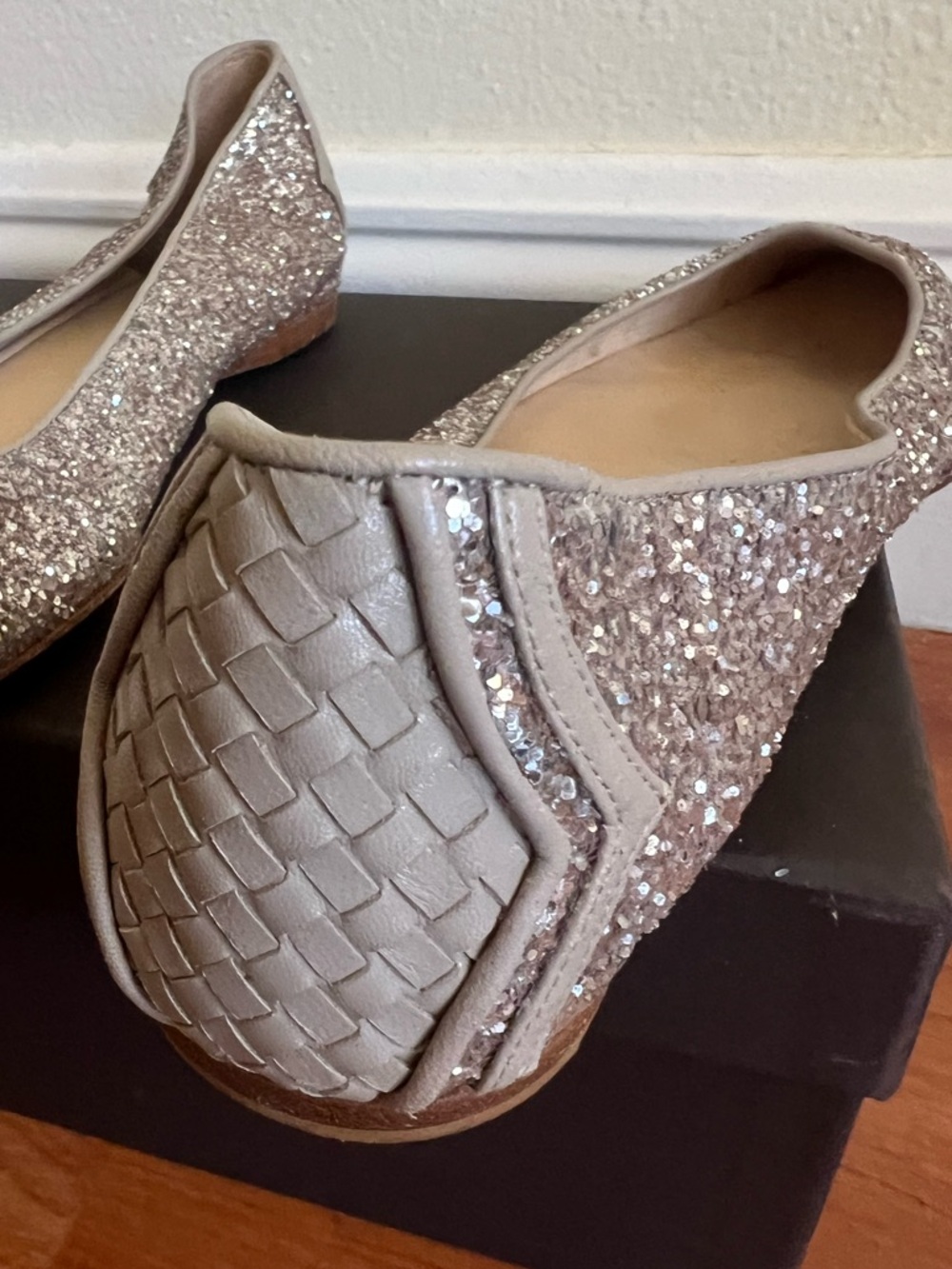 Bottega Veneta Italy Size 38 1/2 38,5 Glitter Ballet Flats Woven back - Picture 2 of 10